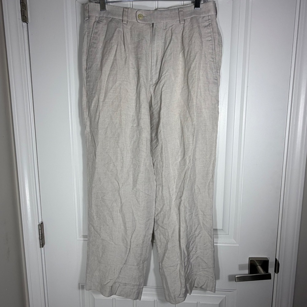 Cubavera Mens Pleated Linen Blend Herringbone Trousers Beige 32x28 Tropical Pant